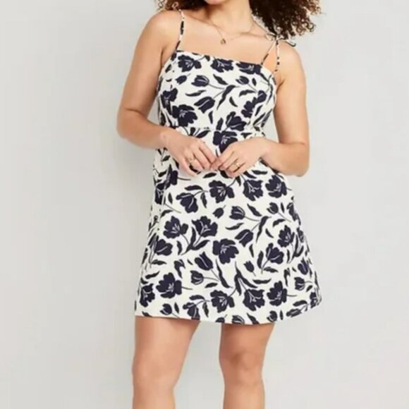 *NWT Old Navy Fit & Flare Tie-Strap Linen-Blend Mini Dress White Navy Floral XXL - Picture 1 of 13